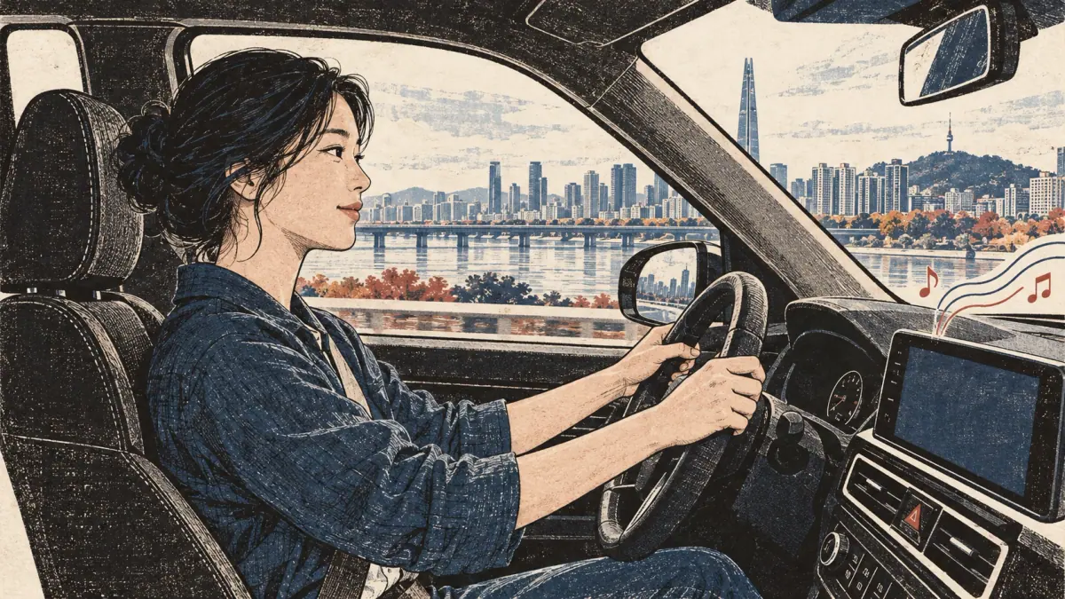 An adult drives beside the Han River while listening to music.