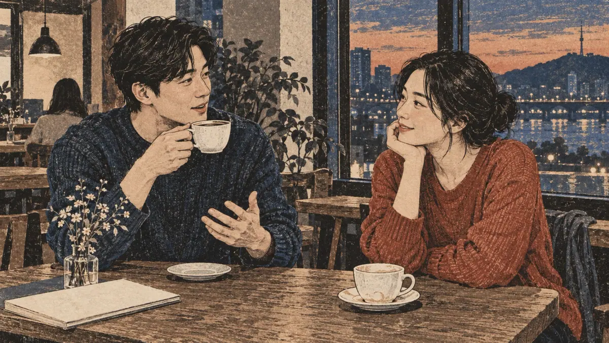An adult drinks coffee and talks with a friend in a Seoul café.