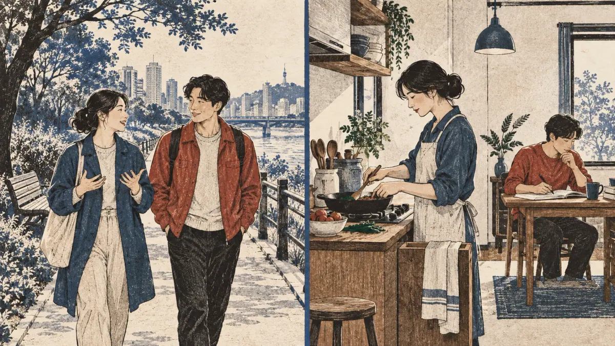 Walking and talking adults contrast with one person cooking while another studies.