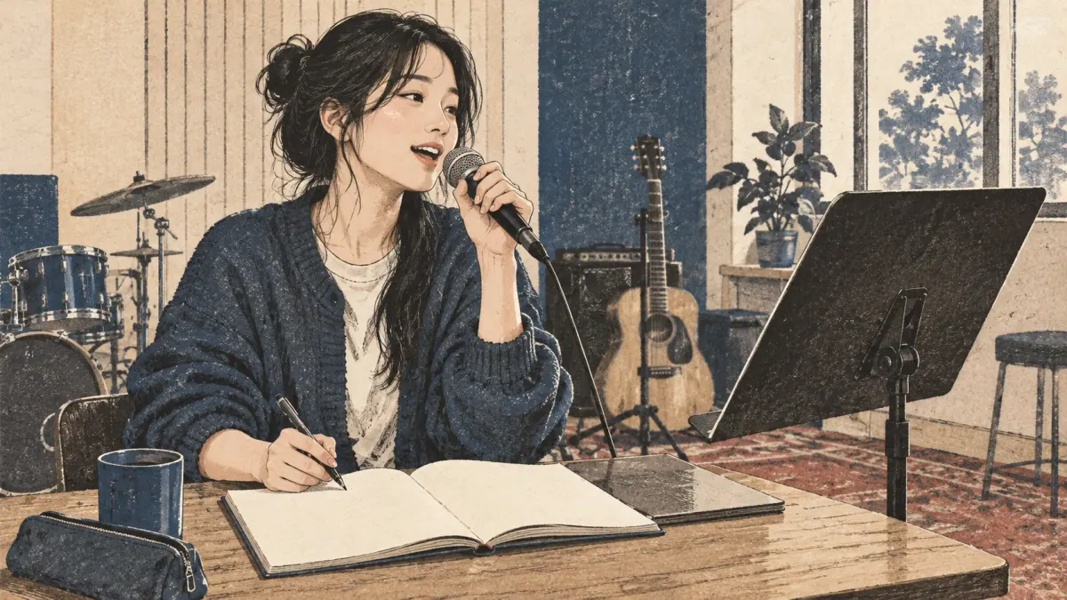 A student sings with a microphone and studies with a blank notebook.