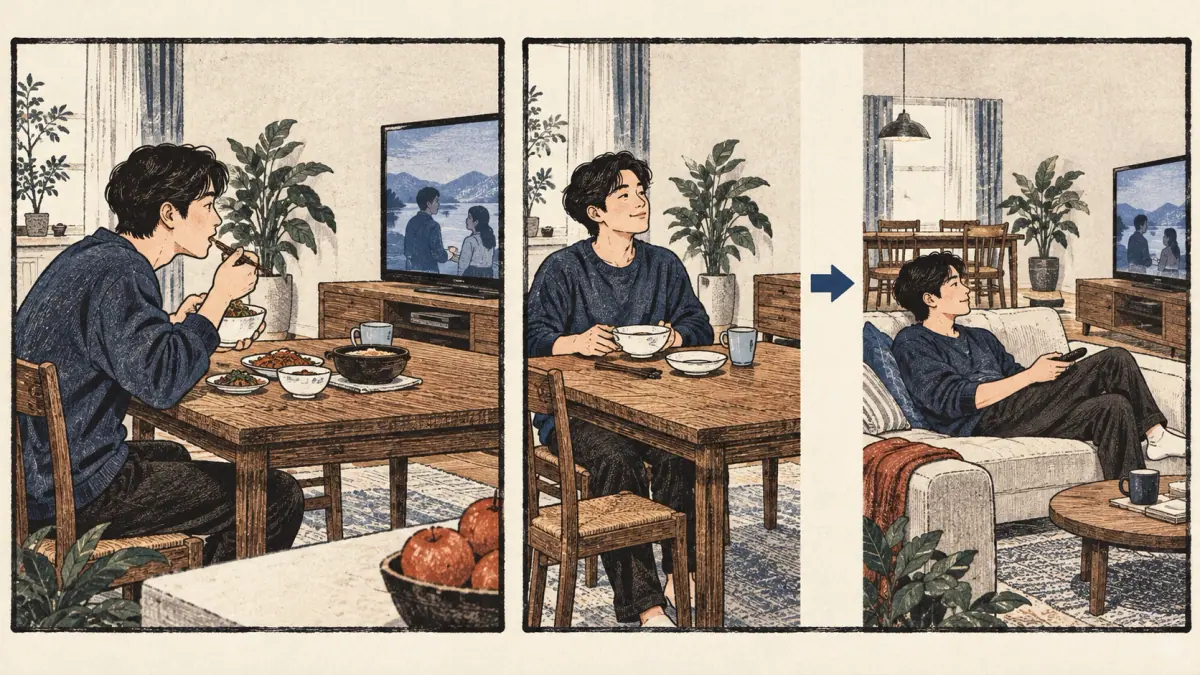 Eating while watching television contrasts with eating first and watching afterwards.
