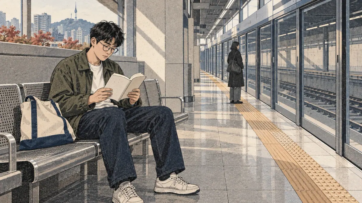 A young man reads a book while waiting on a Seoul subway platform.