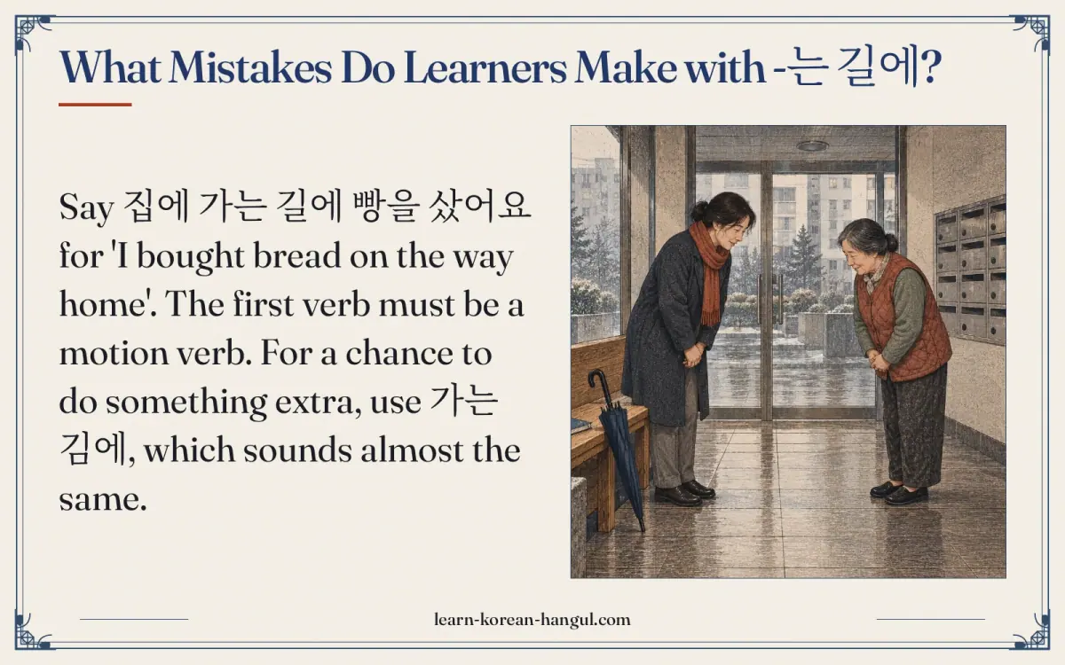What mistakes do learners make with -는 길에?