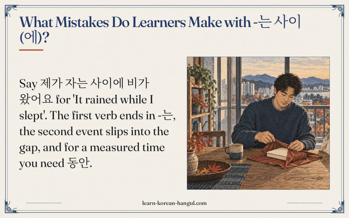 What mistakes do learners make with -는 사이(에)?