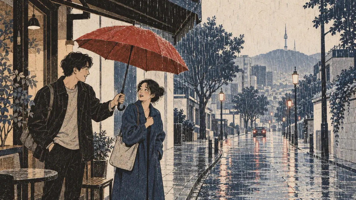 Adults share an umbrella on a rainy Seoul street.
