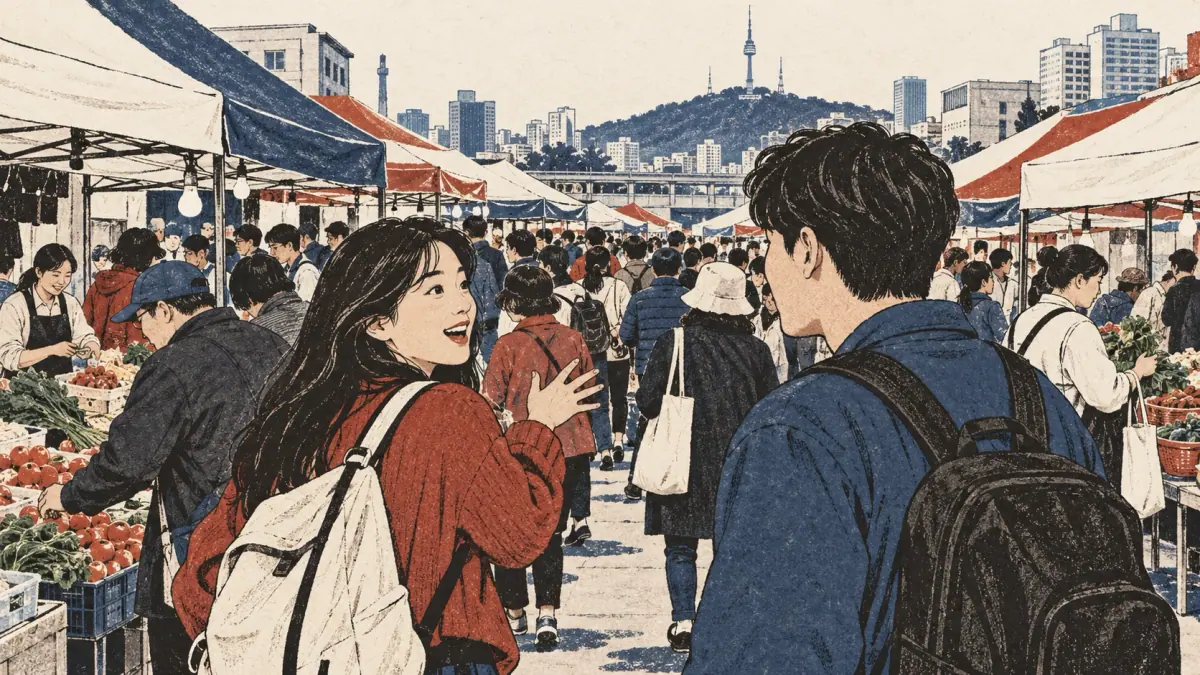 An adult tells a friend about a crowded Seoul market.