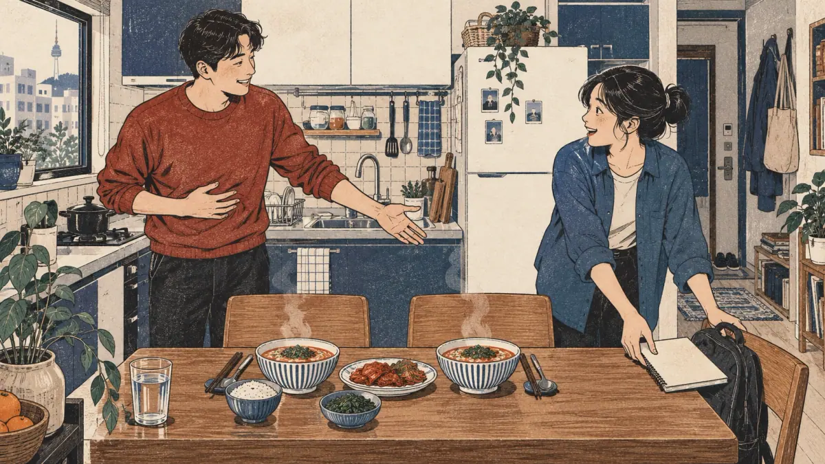 A hungry adult invites a friend to eat together in an apartment kitchen.