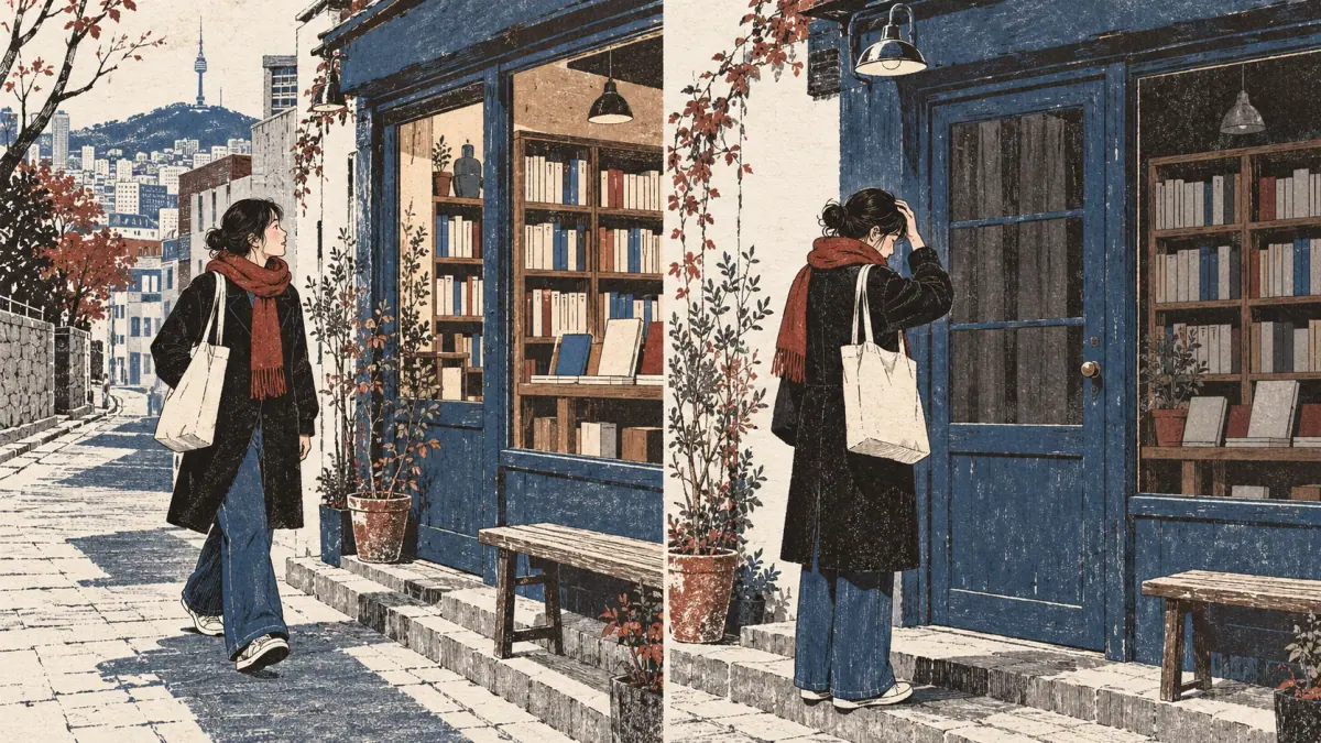 An adult arrives at a bookshop and discovers its door is closed.