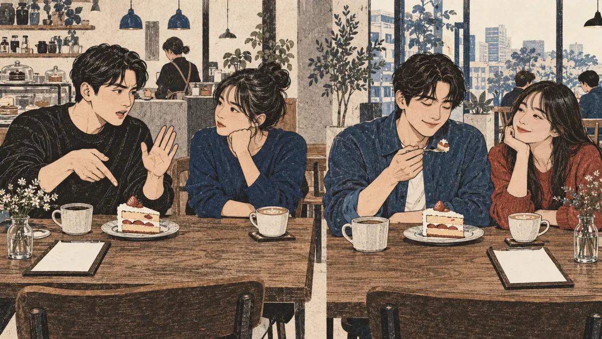 Emphatic contrast and gentle consideration appear in two café conversations.