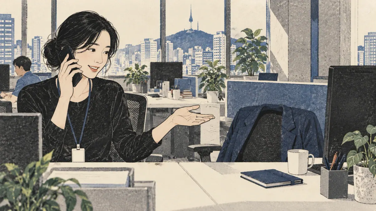 An office worker gently explains an empty colleague desk during a phone call.