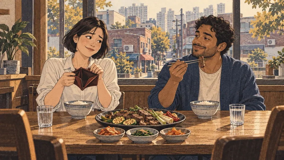 Two friends share a meal in Seoul, enjoying the food while weighing its cost.