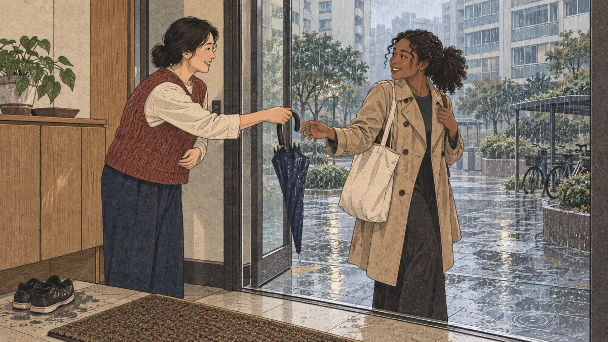 A woman hands an umbrella to a departing friend as rain falls outside a Seoul apartment.