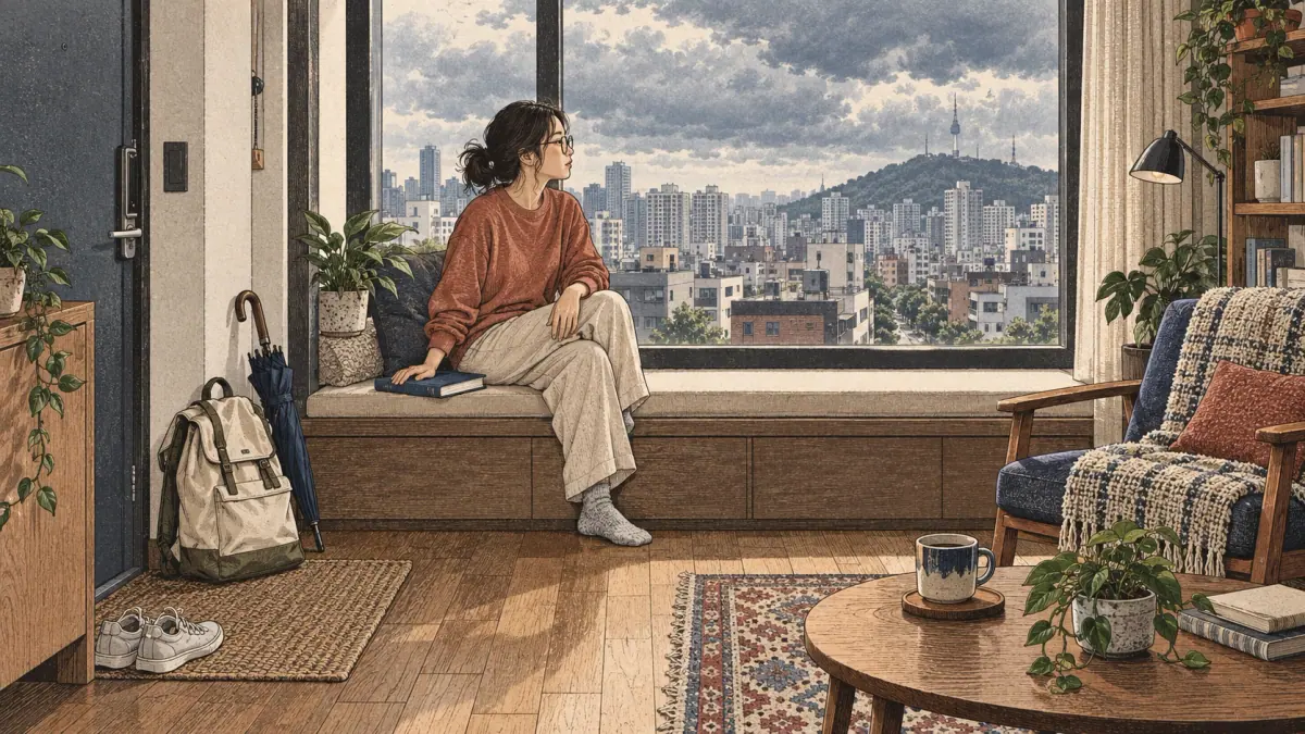 A learner watches gathering clouds from a Seoul apartment with a book ready for staying home.