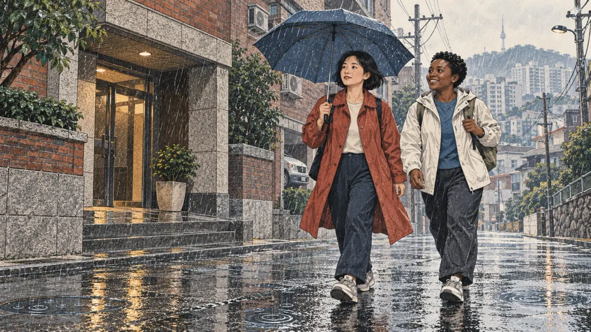 Two friends continue walking through a rainy Seoul street under an umbrella.