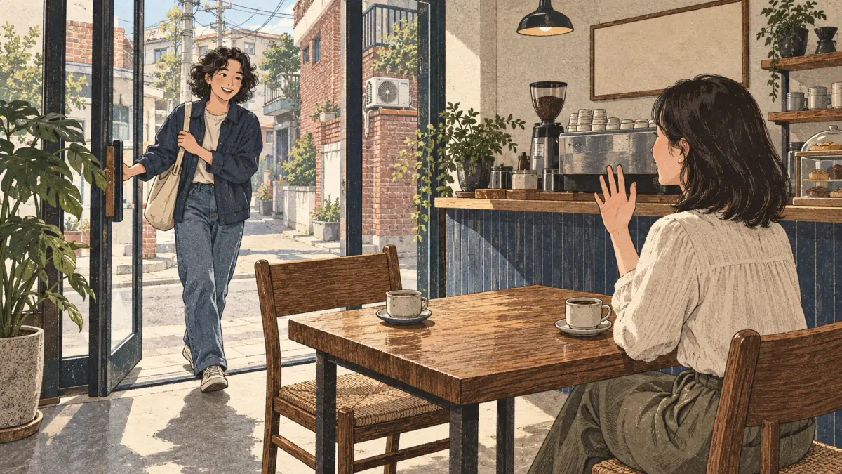 A learner enters a Seoul cafe to meet a friend waiting at a table.