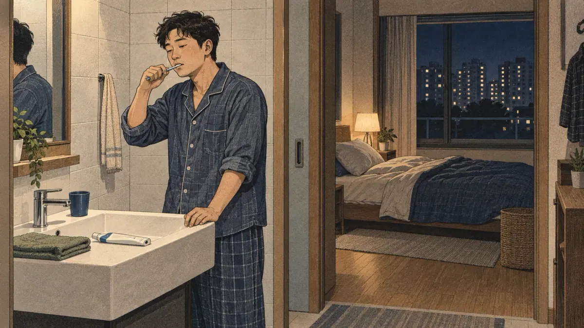 An adult brushes his teeth before bed in a contemporary Seoul apartment.