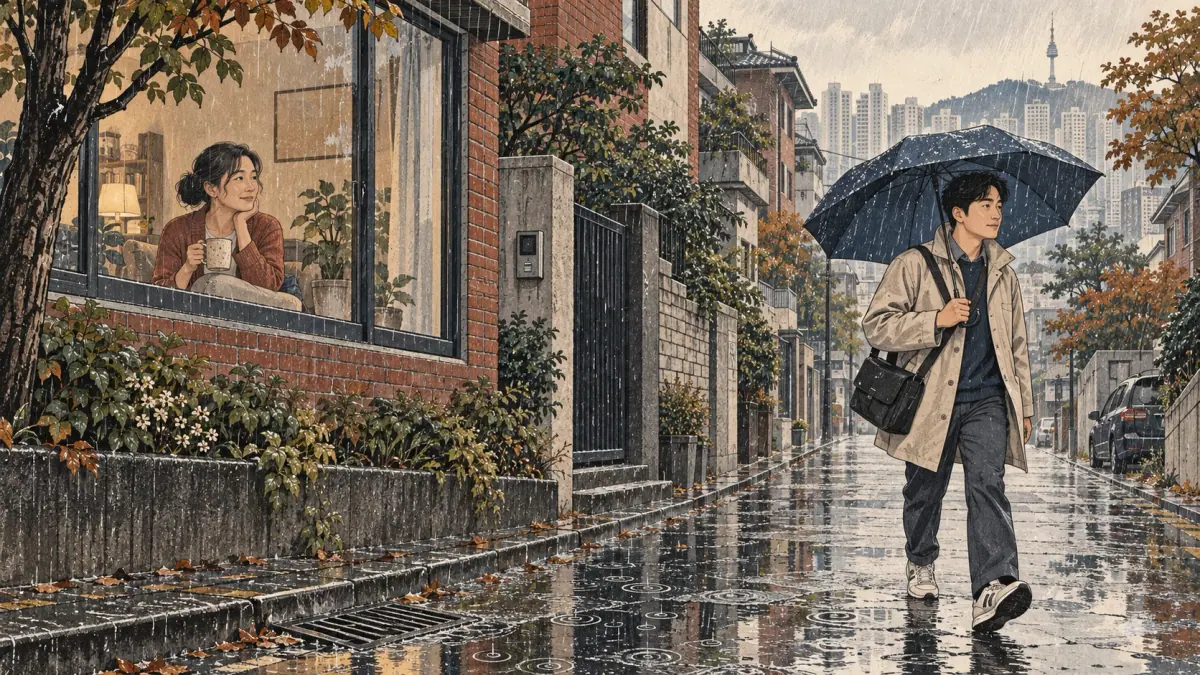 On a rainy Seoul street, one person stays home while another goes out under an umbrella.
