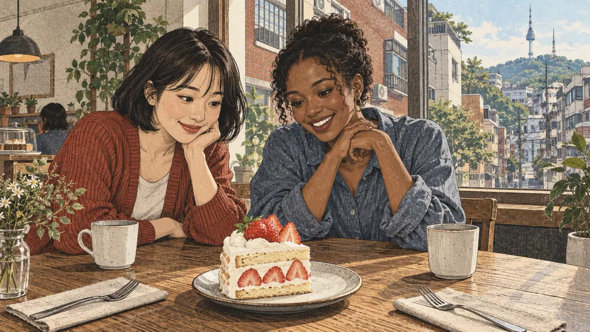 Two friends admire a cake that looks delicious in a Seoul café.
