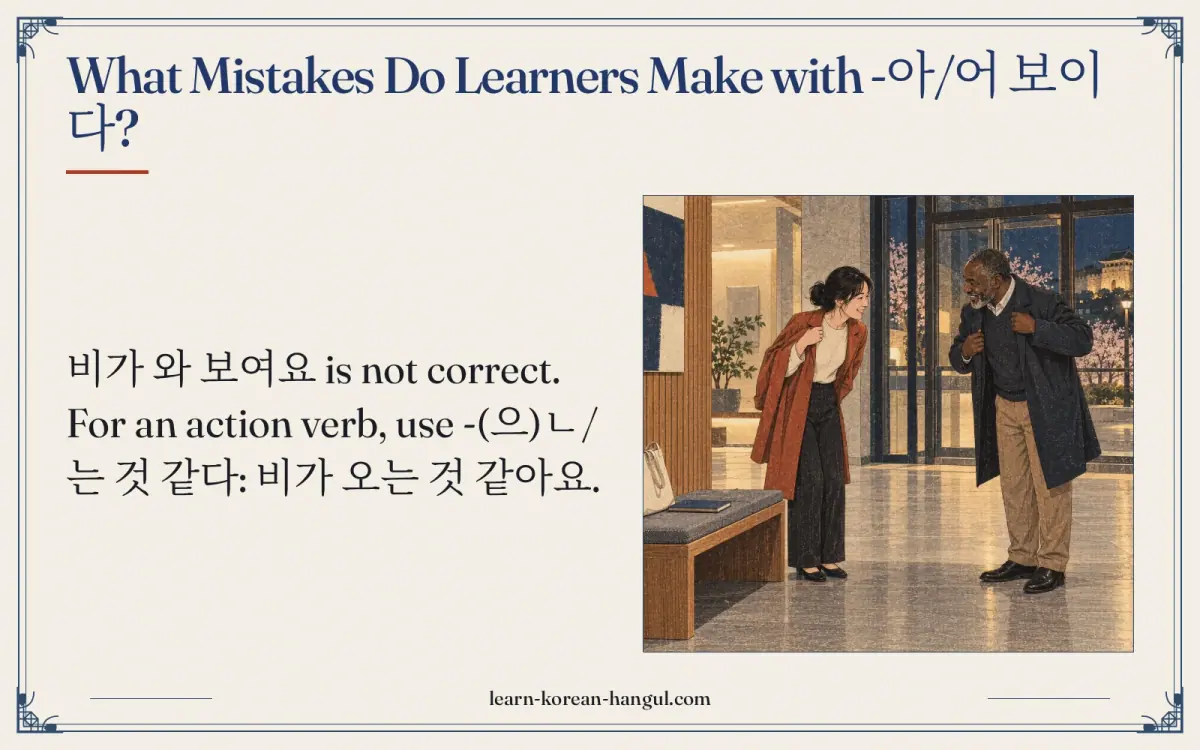 What mistakes do learners make with -아/어 보이다?