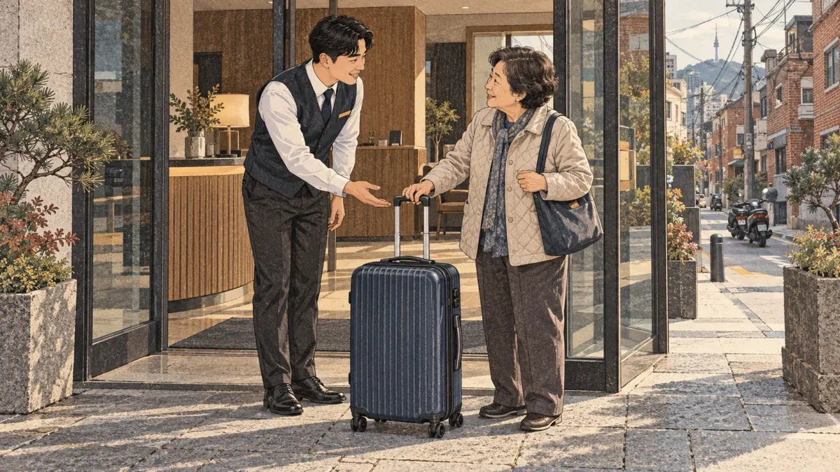 A young hotel employee politely offers to carry an older guest’s suitcase in Seoul.