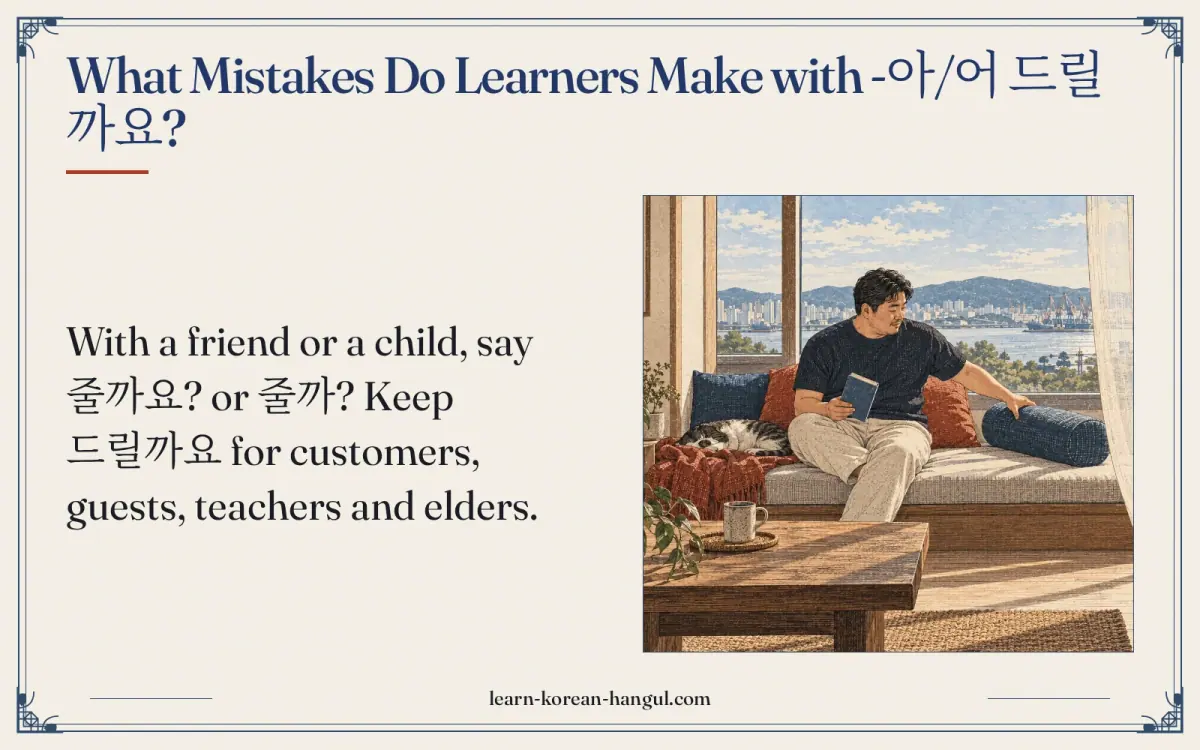 What mistakes do learners make with -아/어 드릴까요?