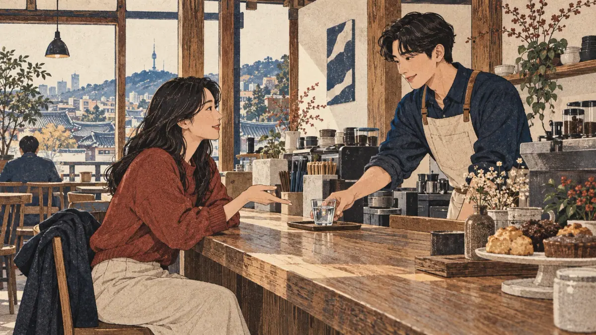 A café customer politely asks a barista for water in Seoul.