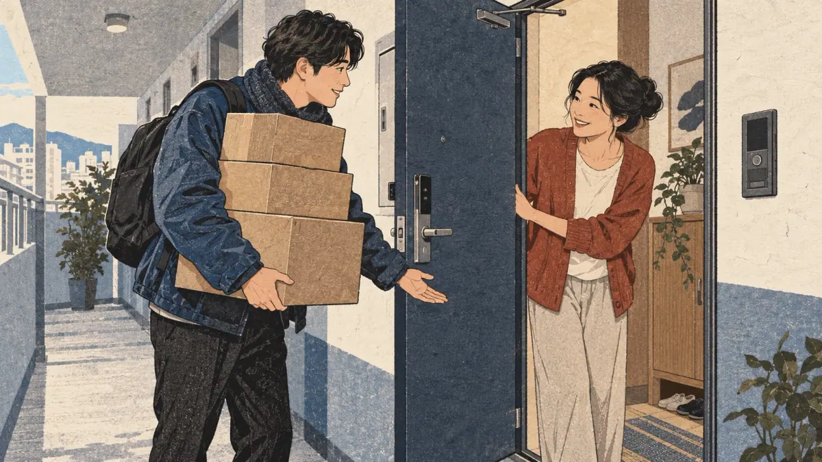 A neighbour opens an apartment door for someone carrying boxes.