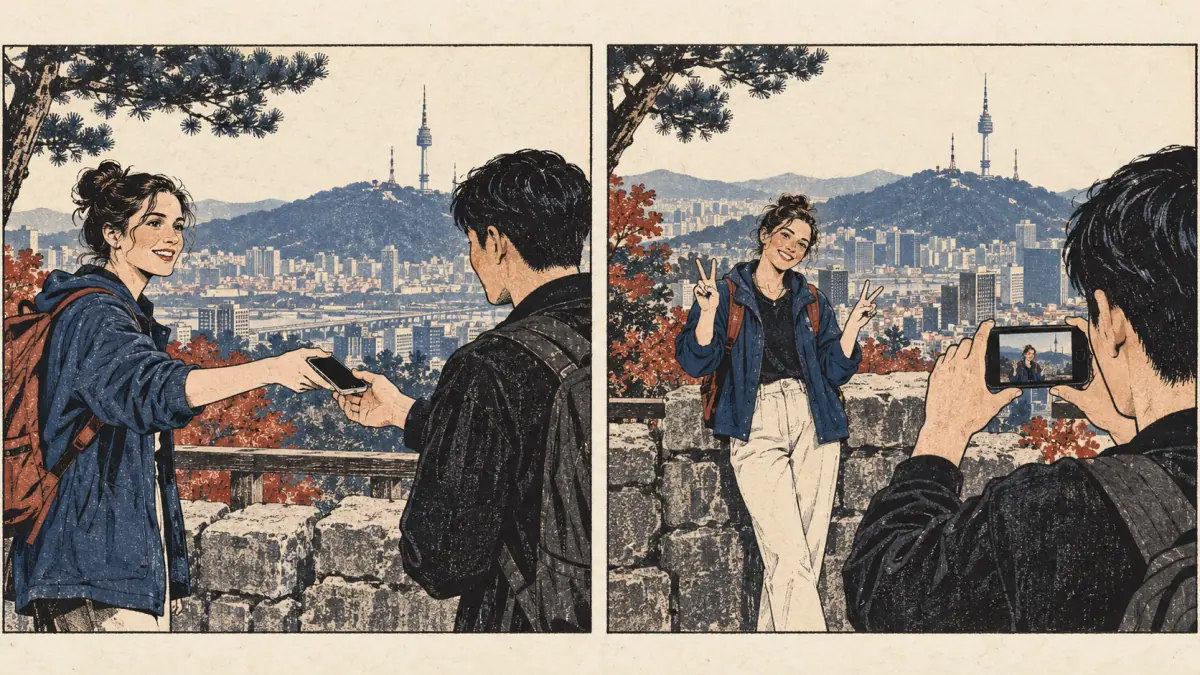 An adult asks another person to take a photo near Namsan Tower.