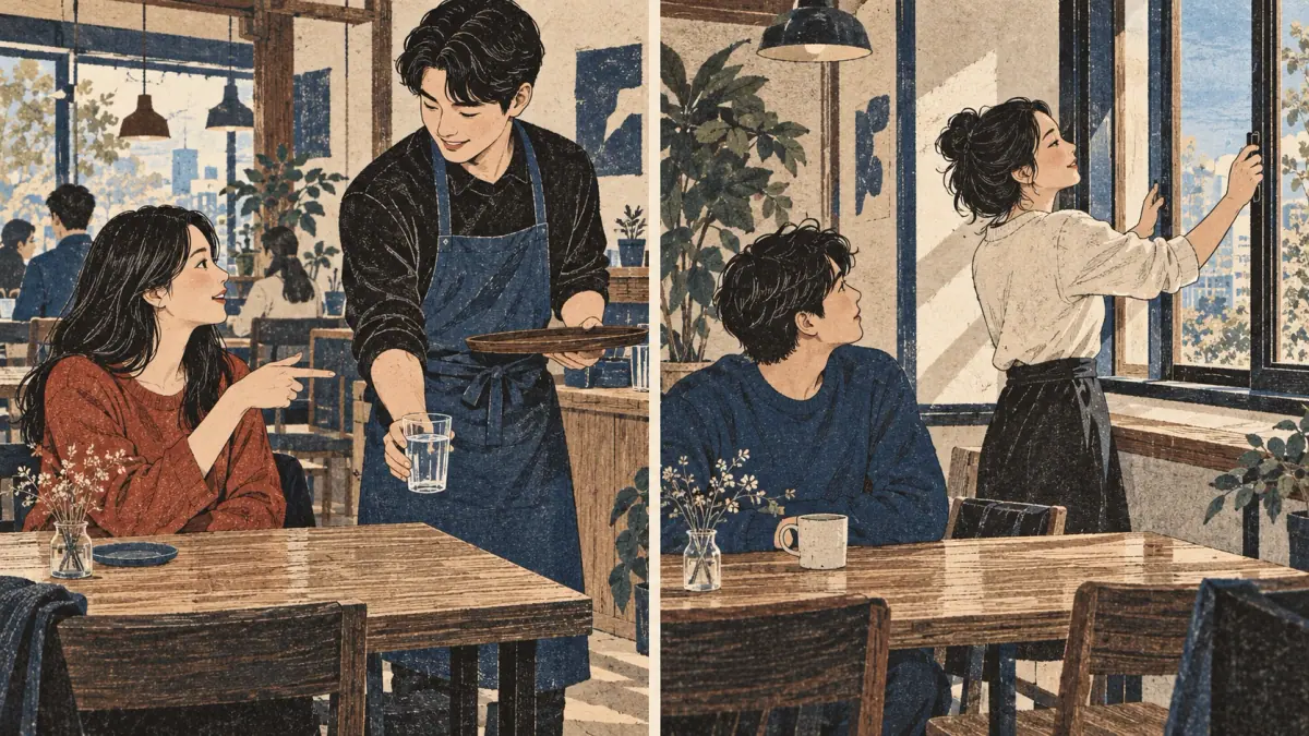 Café scenes show asking for a glass of water and asking someone to open a window.
