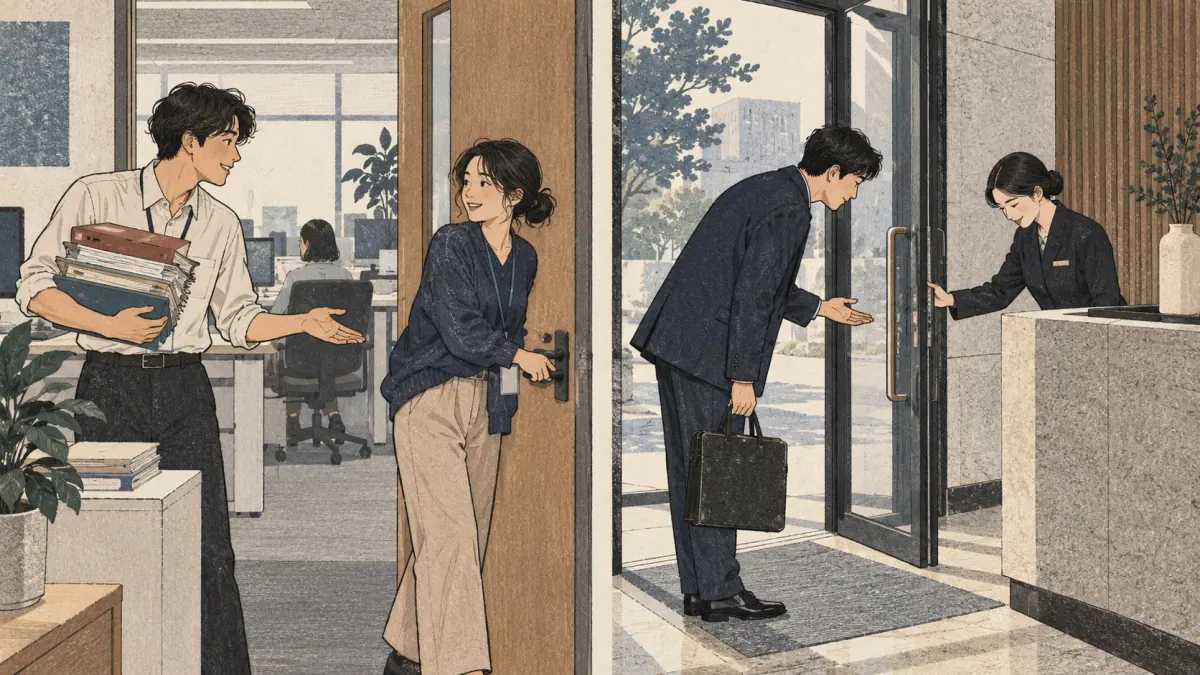 Paired door requests show a relaxed colleague and a careful visitor speaking to a receptionist.