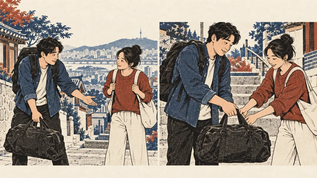 Paired bag scenes show asking someone for help and offering help.