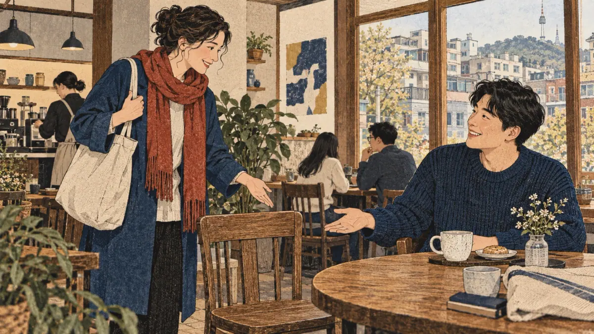 A café guest asks permission to sit while another adult warmly offers an empty chair.