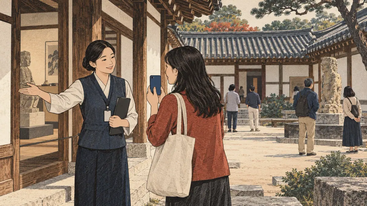 A visitor asks a museum worker for permission before taking a photo.