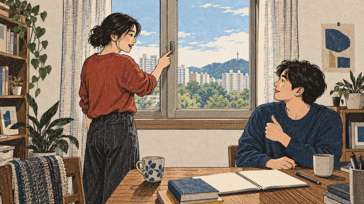 A learner asks a housemate for permission to open an apartment window.