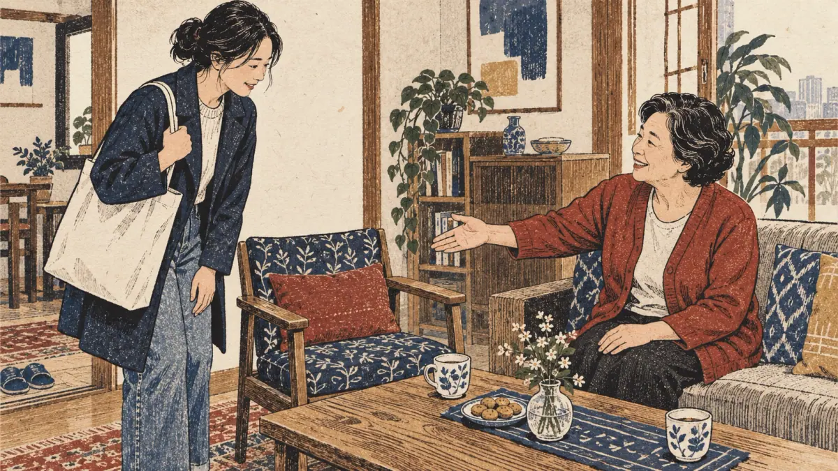 An adult guest politely asks to sit while the host warmly offers an empty chair.