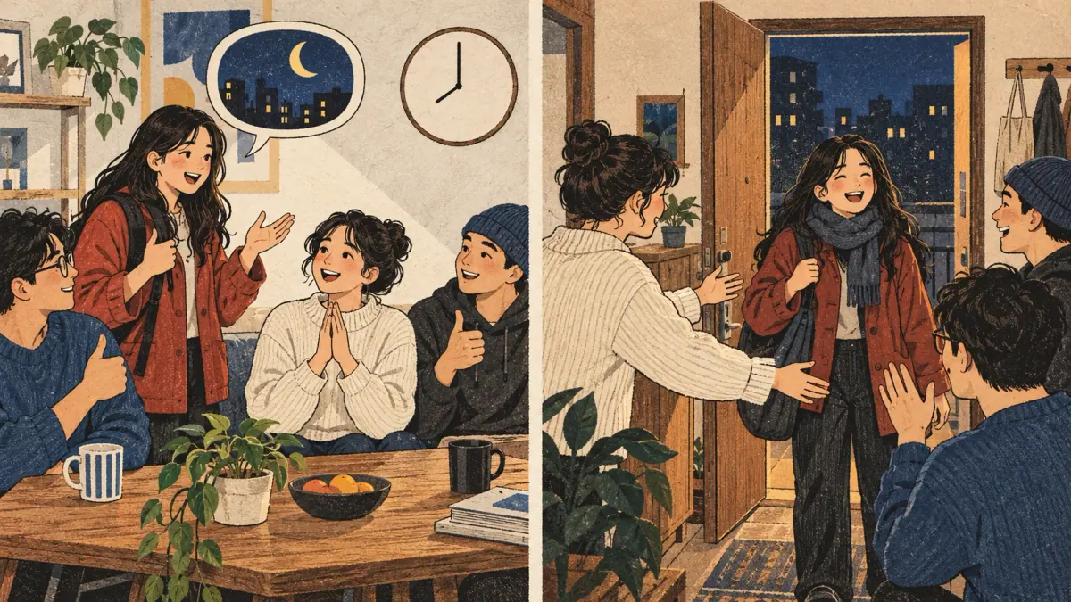 Two apartment scenes show an agreement about arriving late and a later warm welcome.