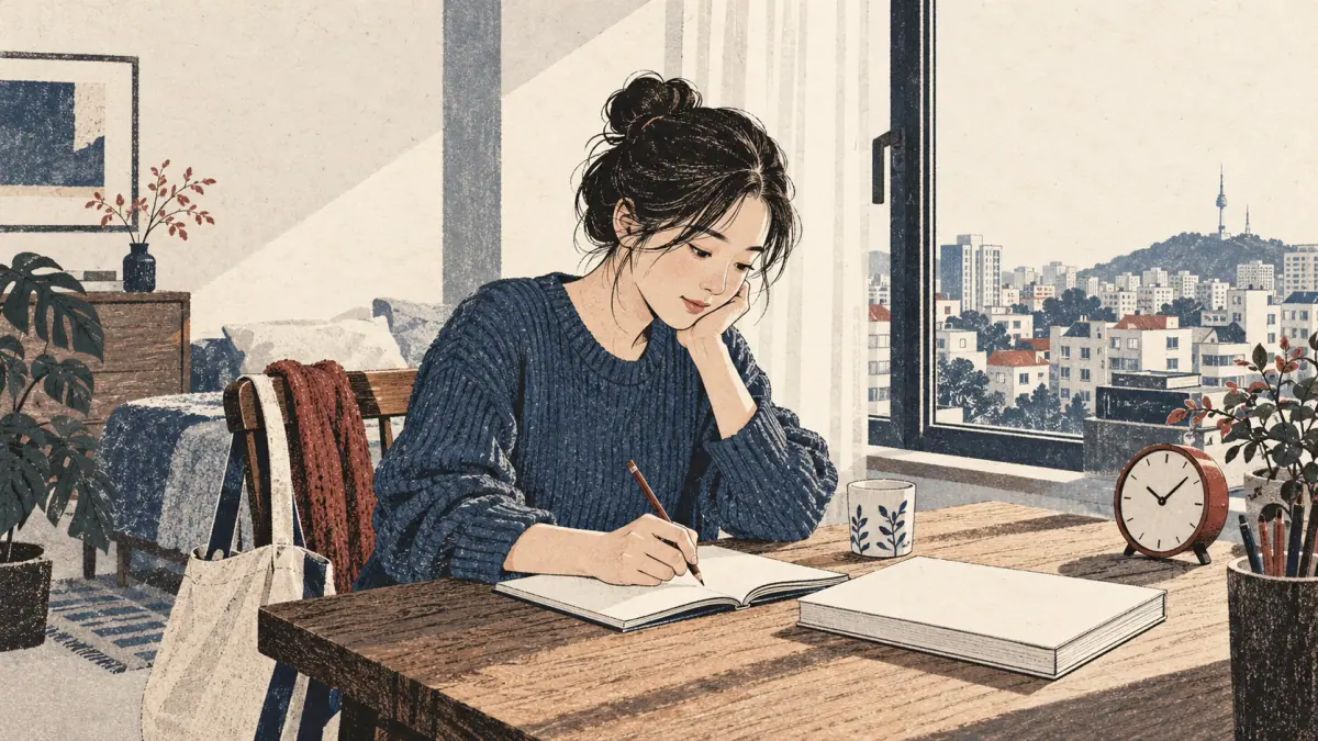 A learner studies at a wooden desk before leaving a Seoul apartment, illustrating daily duties.