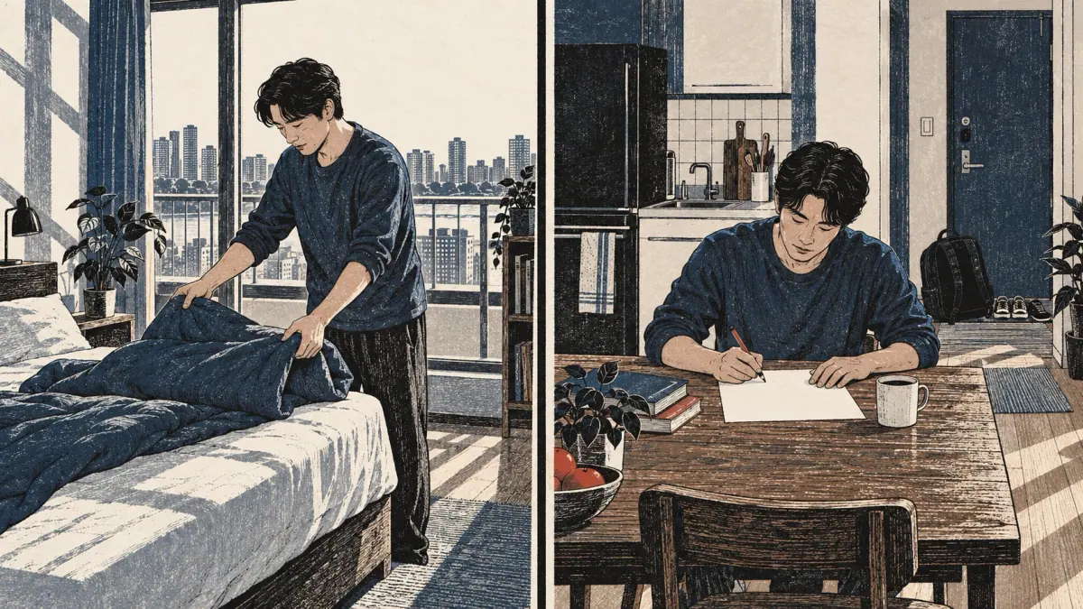 Two everyday duties: waking early in a Seoul apartment and completing homework at a kitchen table.