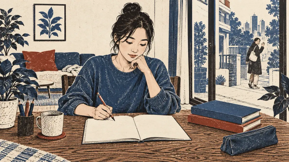 An adult learner begins a necessary study session with a notebook and dictionary on a wooden desk.
