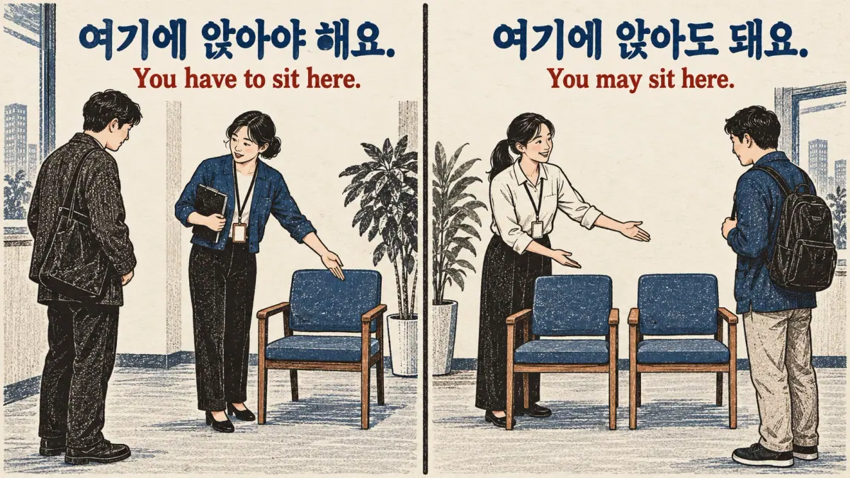 여기에 앉아야 해요. and 여기에 앉아도 돼요. contrast an assigned seat with permission to sit.