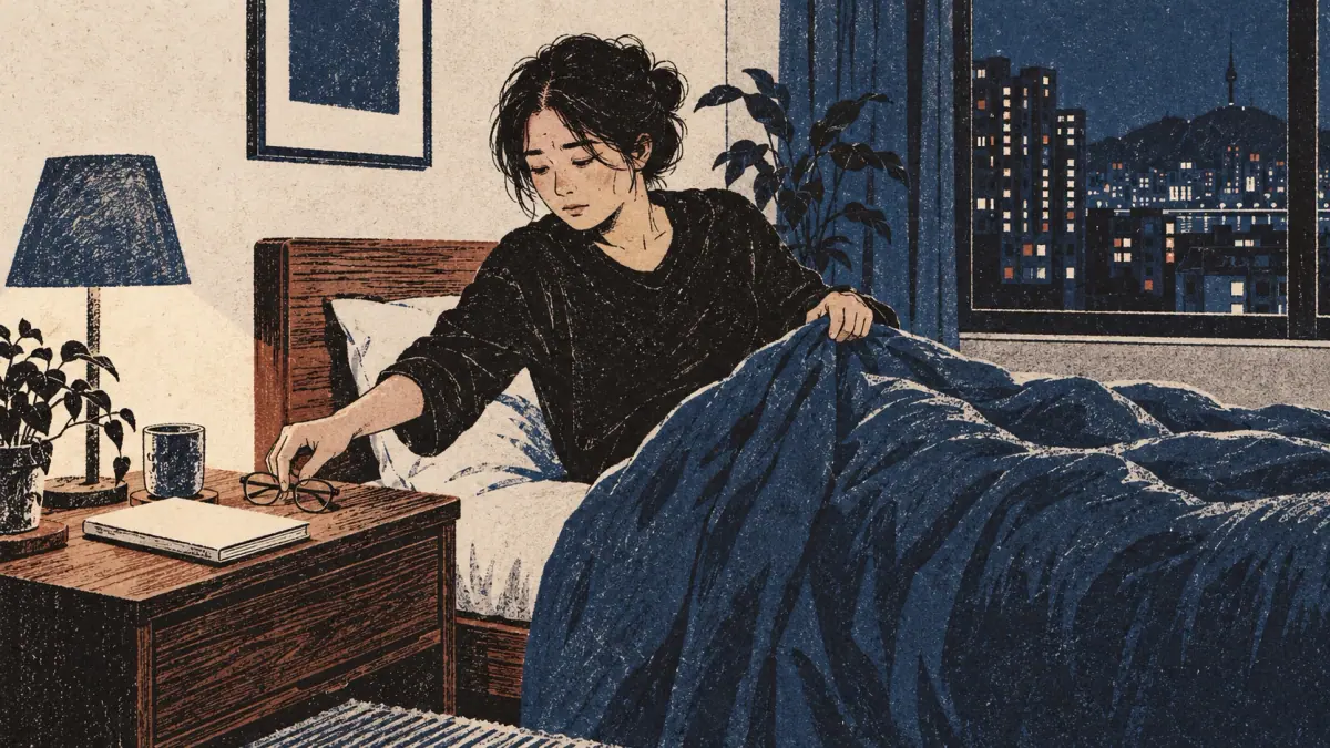 A tired adult closes a book and prepares for bed, illustrating a personal decision to sleep.