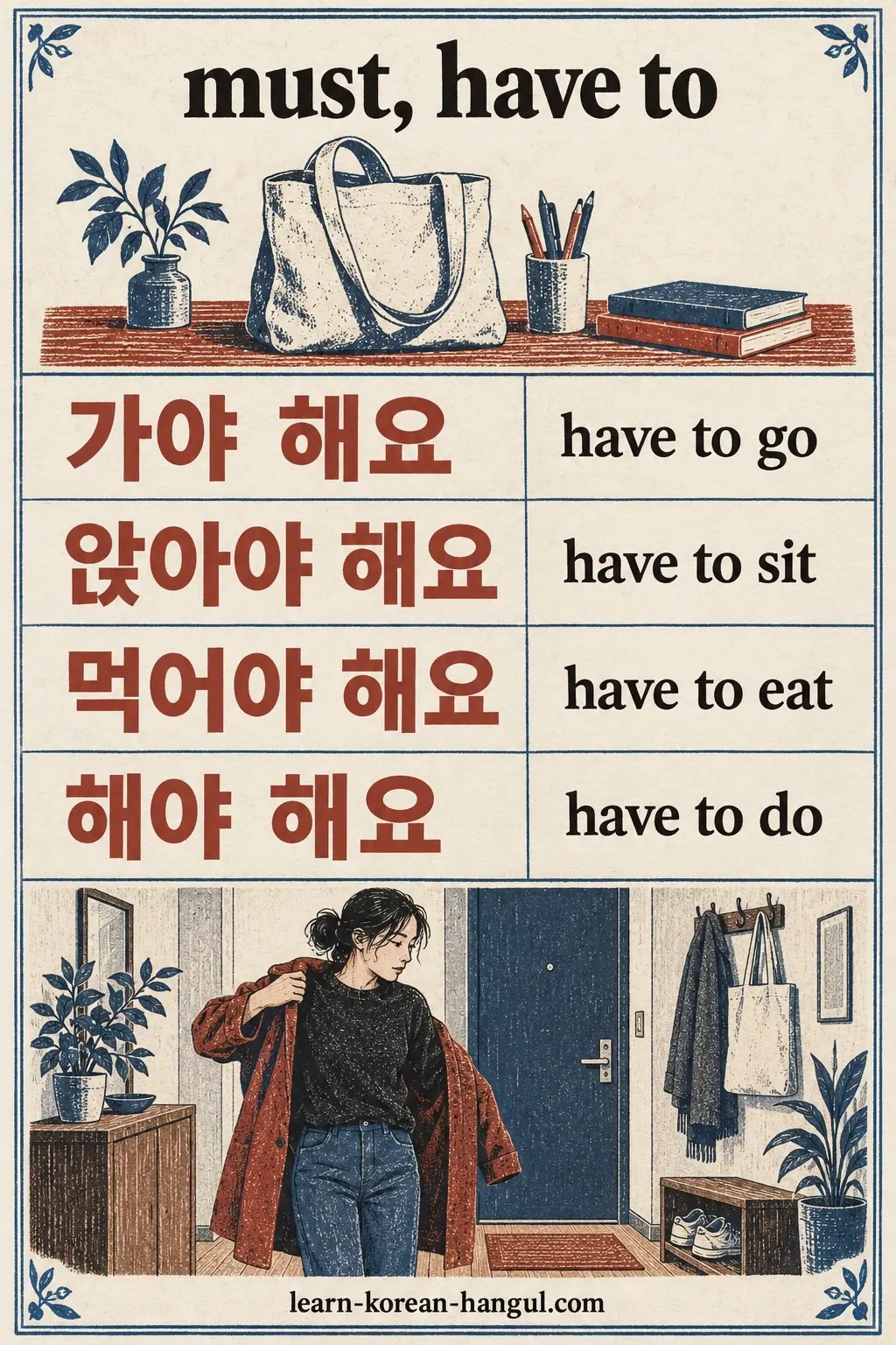 가야 해요, 앉아야 해요, 먹어야 해요 and 해야 해요 show four everyday obligations.