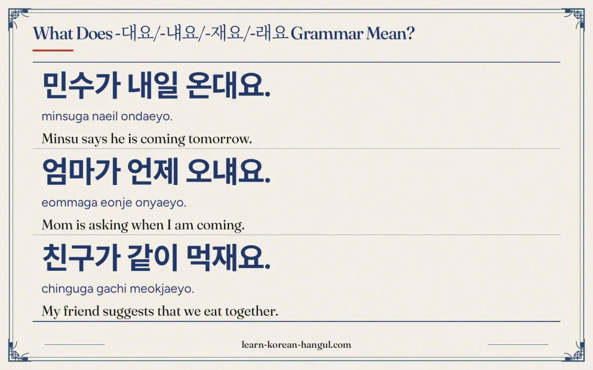 민수가 내일 온대요. · minsuga naeil ondaeyo. · Minsu says he is coming tomorrow. · What does -대요/-냬요/-재요/-래요 grammar mean?