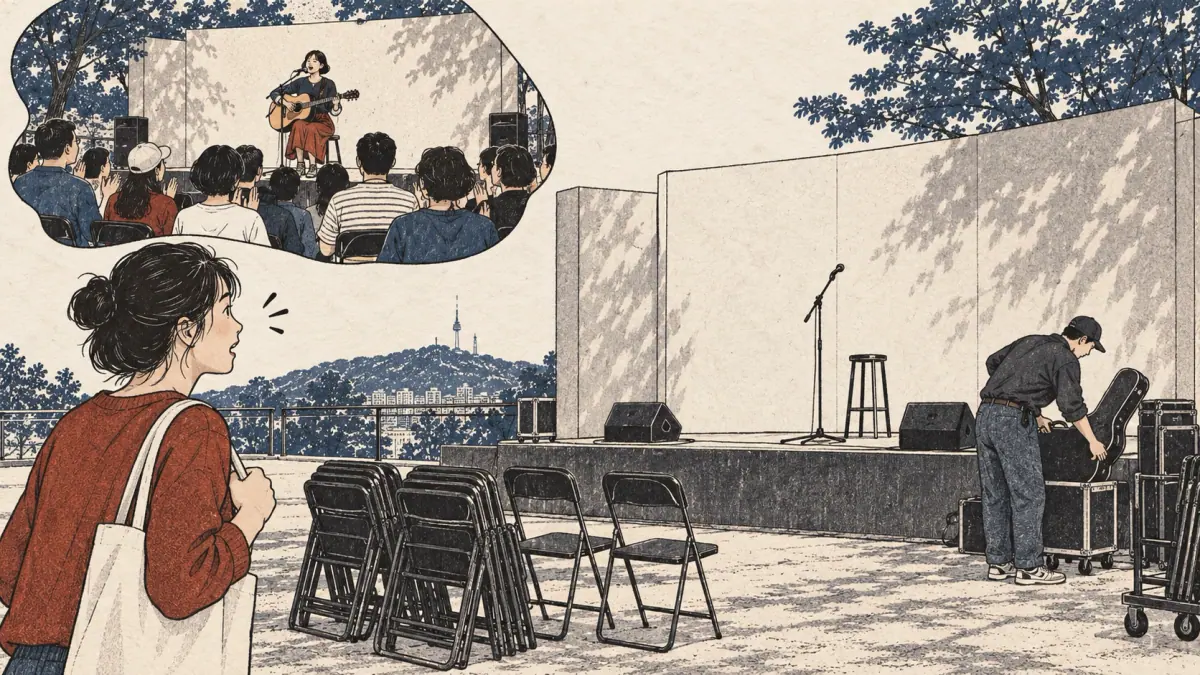 A learner arrives after a performance has finished and notices the packed chairs and empty stage.