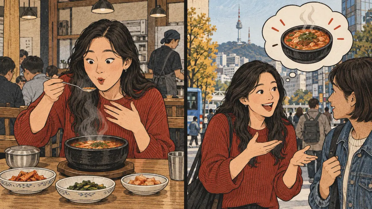 A diner notices tasty soup while eating, then recalls the discovery in a later conversation.