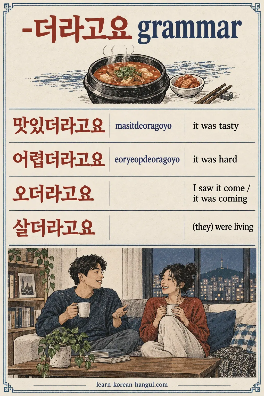 Four discovery expressions: 맛있더라고요 (masitdeoragoyo), 어렵더라고요 (eoryeopdeoragoyo), 오더라고요 and 살더라고요.