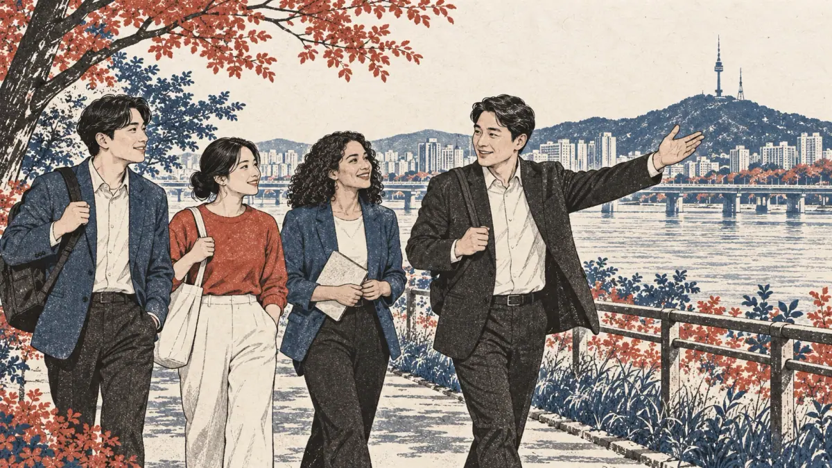 A team leader invites colleagues to walk together beside Seoul's river.