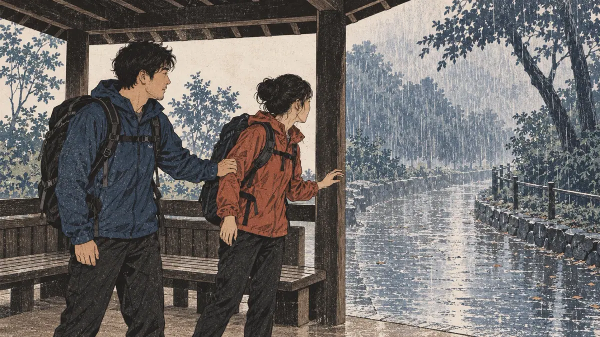 Two hikers decide together to stay in a dry shelter while rain falls outside.