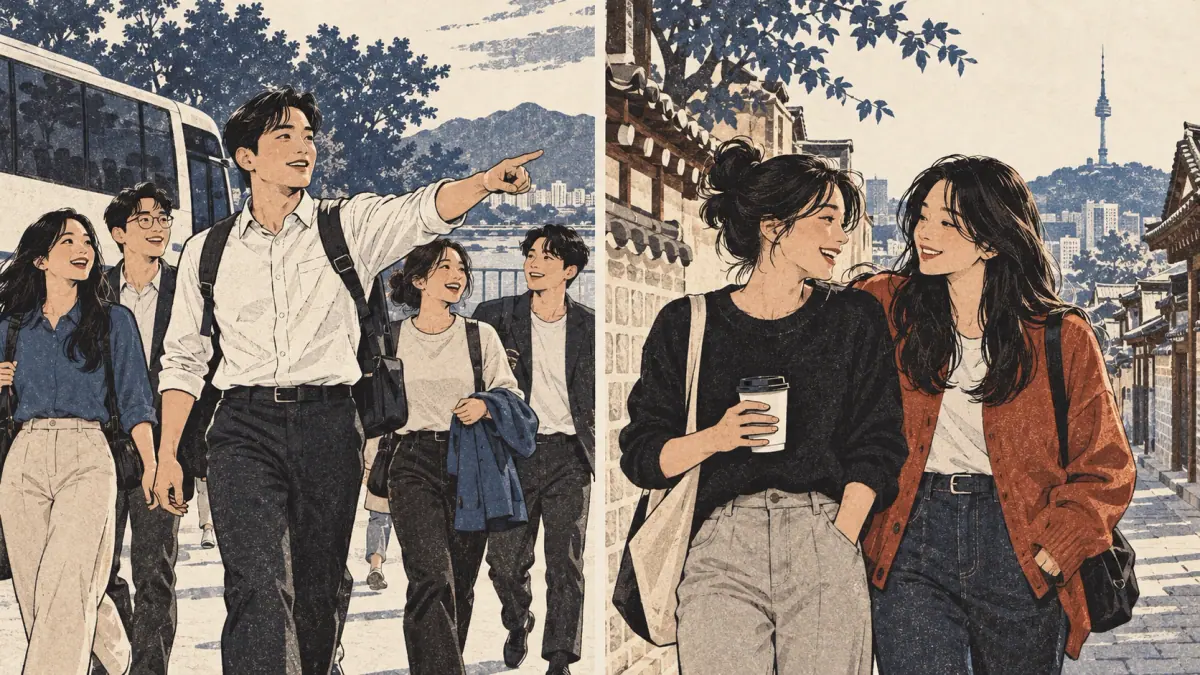 A confident team outing contrasts with two close friends chatting casually.