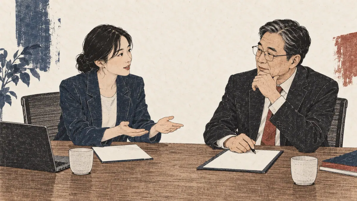 A junior employee asks an older manager for agreement in a Korean office.